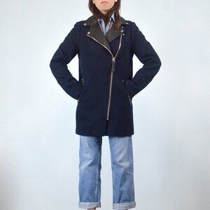 Mackage Phylis Wool Blend Leather Collar Coat in Navy w/ Asymmetrical Zip, sz S